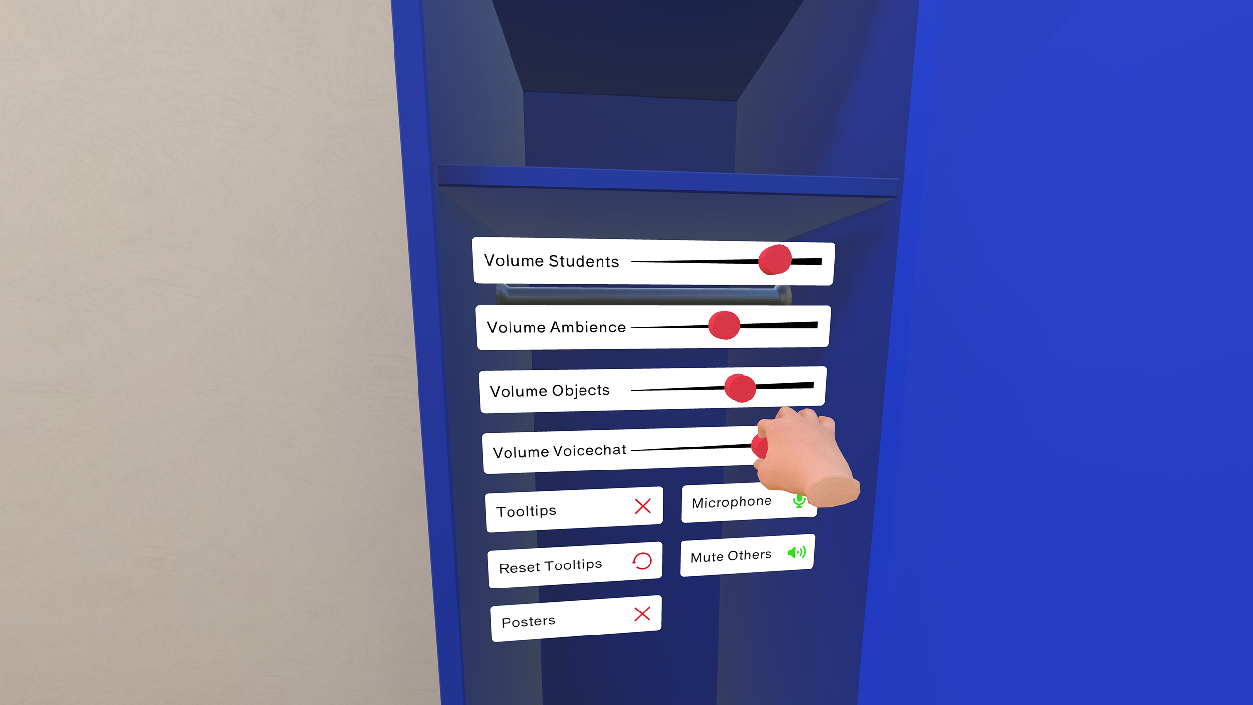 In-VR settings and controls panel